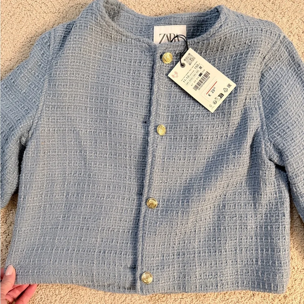 Zara Soft Blue Tweed Jacket with Gold Buttons - Picture 2 of 3